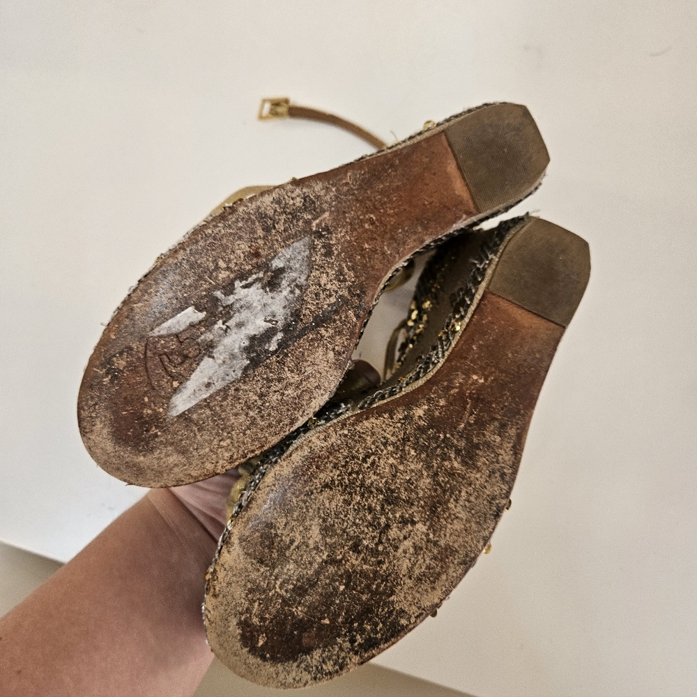 Tory Burch Gold Sequin Wedge Heel Sandals - Picture 7 of 9